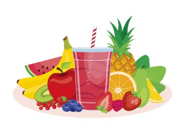 Fresh pink smoothie drink in a plastic cup vector illustration. Healthy fruit juice mix icon vector on white background. Disposable cup of juice with straw and a pile of fruits drawing