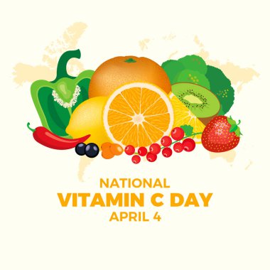 Ulusal C vitamini vektör illüstrasyonu. C vitamini yiyecek kaynakları vektörü. Bir yığın sağlıklı taze meyve ve sebze çizimi. Her yıl 4 Nisan 'da. Önemli bir gün.