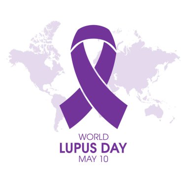 Dünya Lupus Günü vektör çizimi. Mor farkındalık kurdelesi ve dünya haritası siluet ikonu vektörü beyaz arka planda izole edilmiş. Her yıl 10 Mayıs. Önemli bir gün.