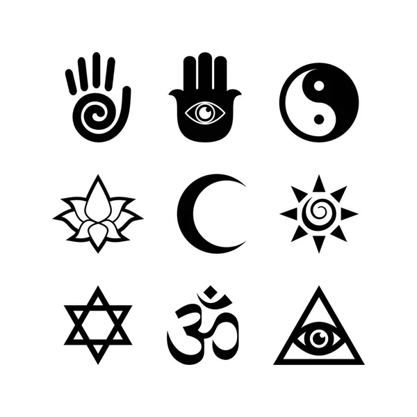 异质和灵性的黑白图标集向量 神秘神圣的平面设计元素在白色背景上被隔离 宗教符号收集载体 — 图库矢量图片