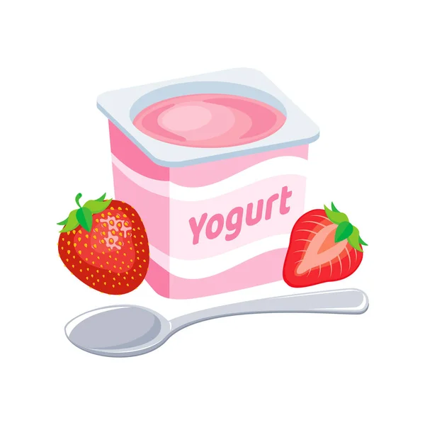 Eper Joghurt Műanyag Csésze Ikon Vektor Gyümölcs Joghurt Egy Kanál — Stock Vector