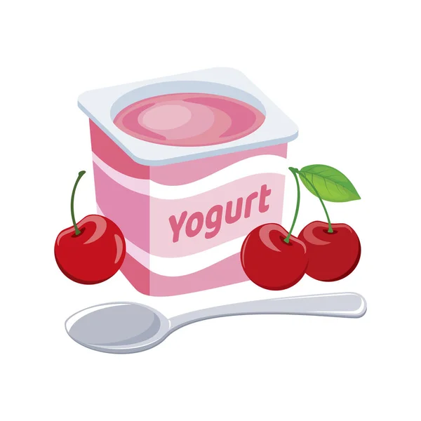 樱桃酸奶塑料杯图标矢量 水果酸奶与勺子图形设计元素隔离在白色背景 美味的粉色樱桃酸奶病媒说明 — 图库矢量图片