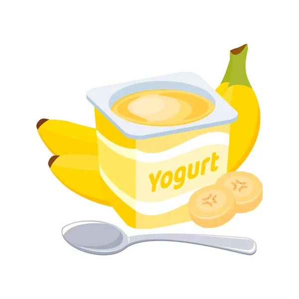 香蕉酸奶塑料杯图标矢量 水果酸奶与勺子图形设计元素隔离在白色背景 美味的黄色香蕉酸奶病媒说明 — 图库矢量图片