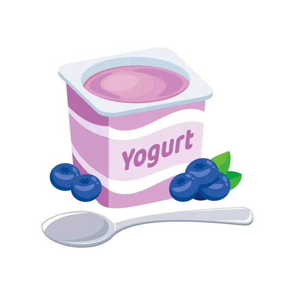 Áfonyás Joghurt Műanyag Csésze Ikon Vektor Gyümölcs Joghurt Egy Kanál — Stock Vector