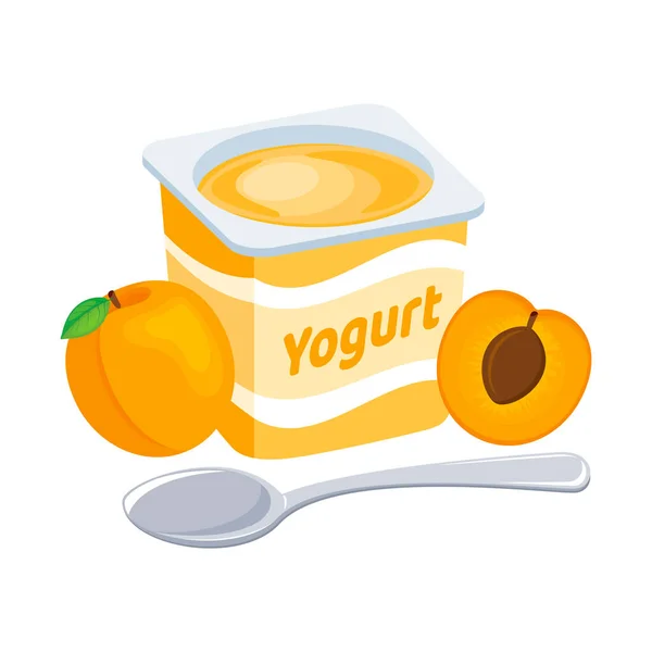 Kajszibarack Joghurt Műanyag Kupa Ikon Vektor Gyümölcs Joghurt Egy Kanál — Stock Vector