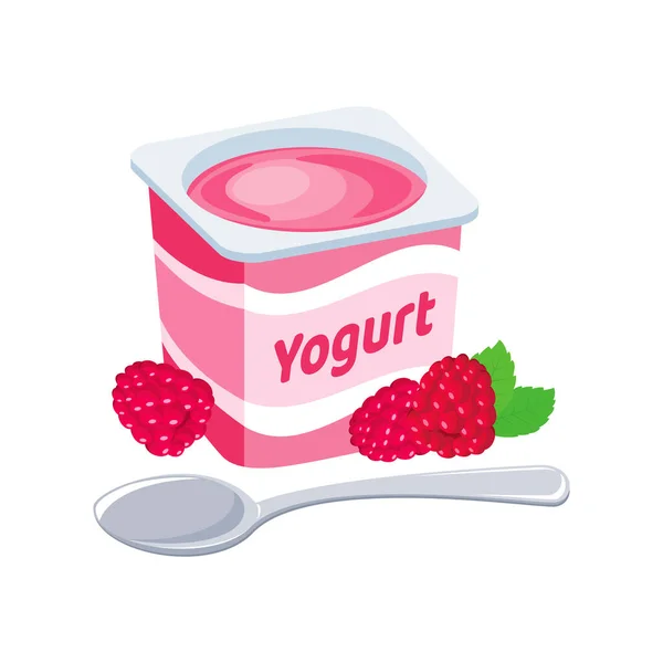 覆盆子酸奶塑料杯图标向量 水果酸奶与勺子图形设计元素隔离在白色背景 美味的粉红色覆盆子酸奶病媒图解 — 图库矢量图片