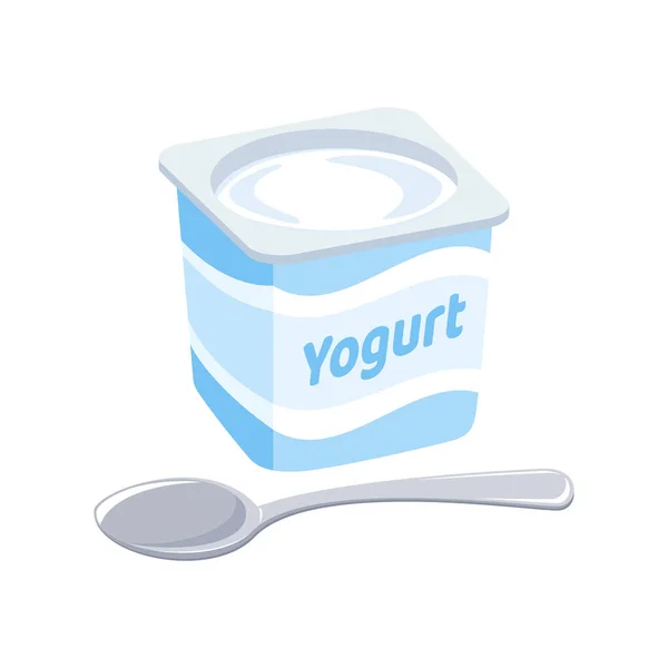 Beyaz doğal yoğurt plastik bardak ikonu vektörü. Beyaz arka planda izole edilmiş beyaz yoğurt ve kaşık grafik tasarımı. Lezzetli beyaz yoğurt aromalı vektör çizimi olmadan.