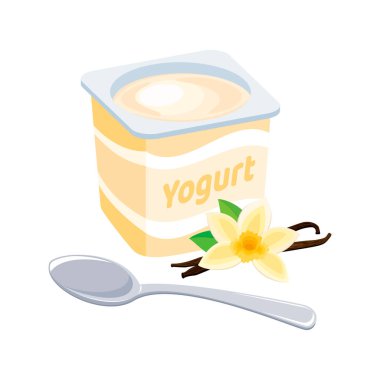 Vanilyalı yoğurt plastik bardak ikon vektörü. Beyaz arka planda izole edilmiş kaşık grafik tasarım elementi olan yoğurt. Lezzetli sarı vanilyalı yoğurt vektör çizimi