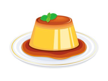 Vanilla pudding custard with caramel sauce icon vector. Custard creamy dessert with caramel sauce on a plate graphic design element isolated on a white background. Yellow pudding cake illustration clipart