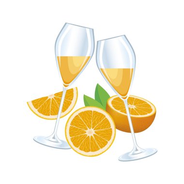 Portakal ikonlu Mimosa kokteyli. Portakal suyu resimli iki şampanya kadehi. Beyaz arka planda izole edilmiş Mimosa alkolik içki ikonları vektörü. Mimoza çizimiyle kutlama tostu.