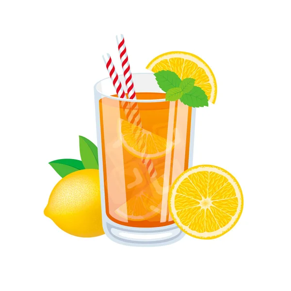 Glas Eistee Mit Zitronenvektorillustration Iced Tea Mit Zitrusfrüchten Und Minze — Stockvektor