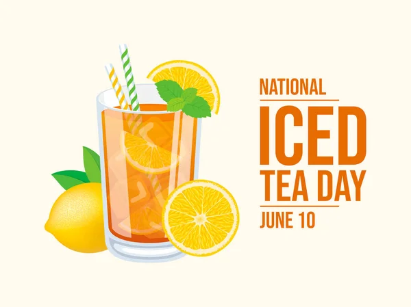 全国冰茶日病媒图解 一杯冰茶 柠檬味的有柑橘和薄荷叶图标的冰茶 一杯柠檬水加稻草向量 每年六月十日 重要的一天 — 图库矢量图片