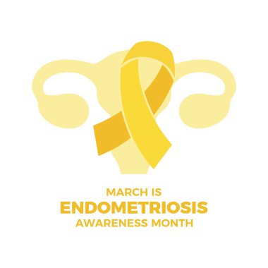 March, Endometriyozis Farkındalığı Ay vektör çizimi. Beyaz arka planda izole edilmiş sarı farkındalık şeridi ve uterus ikonu vektörü. Kadın üreme sağlık ikonu. Önemli bir gün.