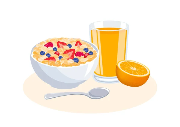 オレンジジュースのアイコンベクトルのオートミールとガラスで健康的な朝食 白い背景にフルーツアイコンベクトルで隔離されたシリアル朝食 夜のフレーク朝食静物画 — ストックベクタ