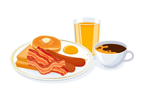 Traditionelle Amerikanische Frühstücksvektorillustration Speck Wurst Spiegelei Toastbrot Pfannkuchen Und Kaffee — Stockvektor