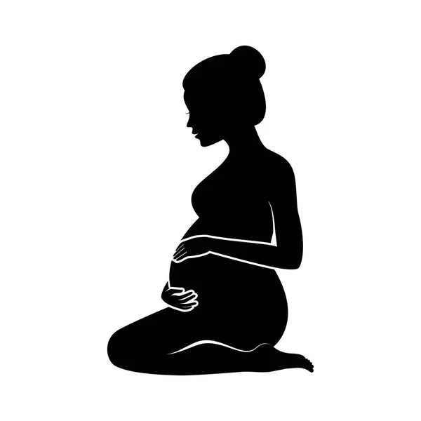 Pregnant Kneeling Woman Black Silhouette Icon Vector Beautiful Pregnant Woman — Stock Vector