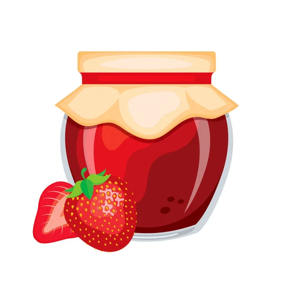 一杯草莓果酱病媒图解 草莓果酱罐 带有新鲜草莓图标向量 在白色背景上分离 — 图库矢量图片