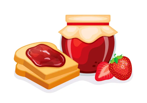 烤面包配草莓果酱病媒图解 烤面包和草莓果酱早餐仍然是生命的载体 带有新鲜草莓图标的果酱罐 背景为白色 — 图库矢量图片