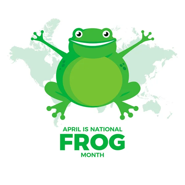 4月は全国カエル月間ベクトルイラストです 幸せな笑顔緑のカエルの漫画 面白い陽気なカエルのアイコンベクトル 重要な日 — ストックベクタ
