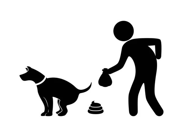 犬の黒いシルエットのアイコンのベクトルの後に人をクリーンアップします 白い背景に孤立したポップスクープシンボルグラフィックデザイン要素 あなたの犬のサインの後にクリーンアップ — ストックベクタ