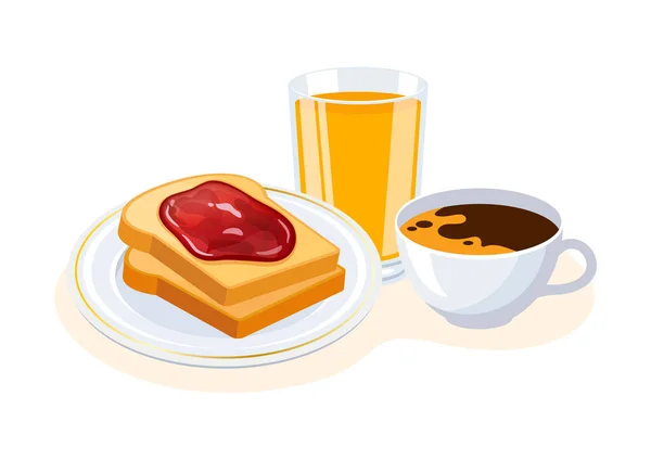 早餐与烤面包 一杯咖啡和一杯橙汁病媒说明 烤面包加果酱画 甜蜜的早餐 白色背景下的静止生命载体 — 图库矢量图片