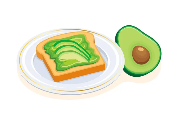 鳄梨吐司在盘子图标向量上 健康的早餐 烤面包和鳄梨 白色背景下的生命载体 — 图库矢量图片