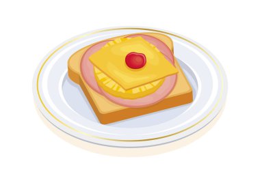 Ananas, jambon, peynir ve kiraz ikonu vektörlü Hawaii tostu. Beyaz arka planda izole edilmiş bir tabak ikonu vektöründe Hawaii tostu. Kızarmış ekmek sandviçi çizimi
