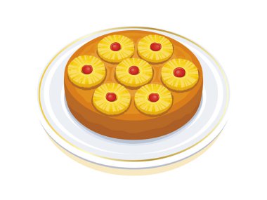 Ananaslı ters pasta vektör çizimi. Beyaz bir arka planda izole edilmiş bir tabak ikon vektöründe bütün ananas meyveli kek. Yuvarlak ananas ters pasta çizimi
