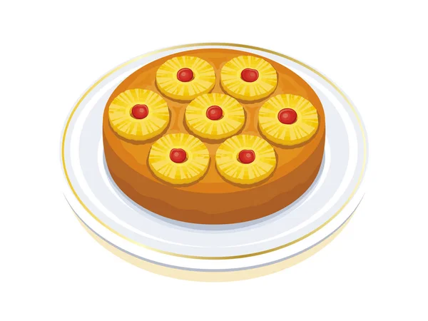 パイナップルアップサイドダウンケーキのベクトルイラスト 白い背景に隔離されたプレートアイコンベクトル上の全体のパイナップルフルーツケーキ ケーキの絵を上下に丸めたパイナップル — ストックベクタ