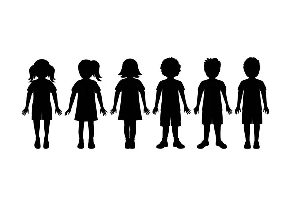 一组孩子站在一排黑色的轮廓矢量 在白色背景下孤立的小男孩和小女孩轮廓图标集向量 — 图库矢量图片