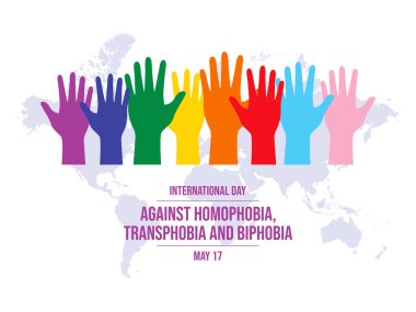 Uluslararası Homofobi, Transfobi ve Bifobi vektör illüstrasyonuna Karşı Gün. Kaldırılmış eller gurur sembolü vektörünü kaldırsın. LGBTQIA tasarım ögesi. 17 Mayıs. Önemli bir gün.