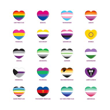 Farklı gurur bayrağı anlamları simge kümesi vektörü. Kalp şeklindeki LGBTQIA bayrağı toplama vektörü. İsimleri olan gurur bayrakları tasarım elementleri. Beyaz arka planda izole edilmiş farklı cinsiyet bayrakları