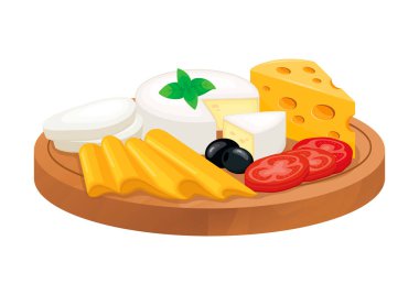 Various types of cheese on a wooden cutting board vector illustration. Cheese platter with camembert, emmental, mozzarella and sliced cheese icon isolated on a white background. Cheese board drawing clipart