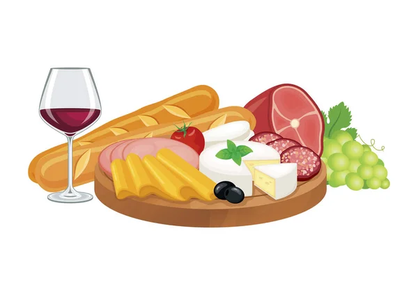 Csemege Egy Vágódeszka Vektor Illusztráció Sajt Charcuterie Bor Ikon Fehér — Stock Vector