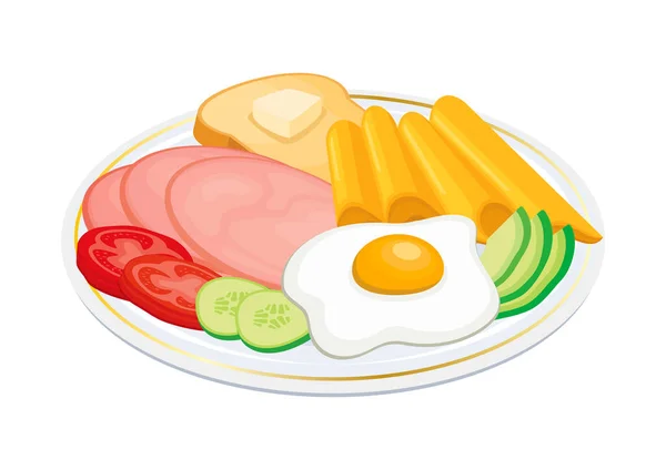 欧洲大陆的早餐盘向量图解 烤土司 黄油和蔬菜放在盘子里的图标上 用白色背景隔开 — 图库矢量图片