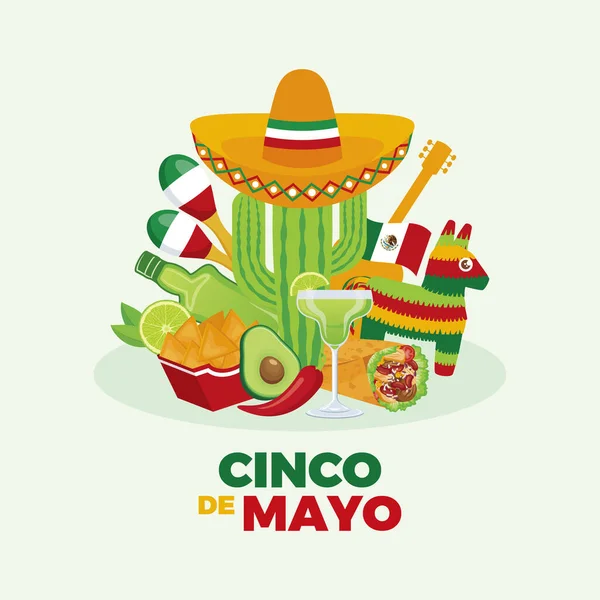 Мексиканский Праздник Синко Майо Мексиканской Едой Векторной Иллюстрацией Напитков Вектор — стоковый вектор