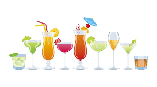 Různé Barevné Koktejly Nápoje Řadě Vektorové Ilustrace Různé Typy Alkoholických — Stockový vektor
