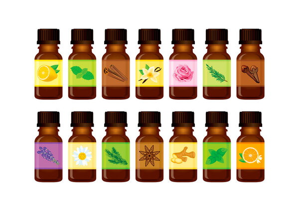 Essential Oil brown glass bottle icon set vector. Nature fragrance oil vial with herbs and spices icon set vector isolated on a white background. Glass cosmetic bottle with fragrance oil collection