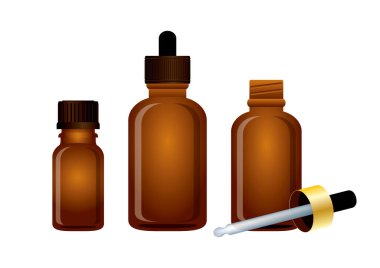 Temel yağ ikonu kümesi vektörü için kahverengi cam şişe. Beyaz arka planda izole edilmiş bir damlalık ikonu olan parfüm yağı şişesi. Kozmetik şişe ve pipet koleksiyonu. Kahverengi cam damlatıcı şişesi çizimi