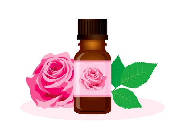 Rose Essential Oil Brown Glass Bottle Vector Illustration Glass Cosmetic — Stock Vector