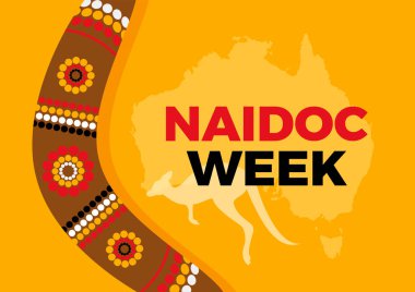 NAIDOC Haftası poster çizimi. Turuncu arka plan vektöründe Avustralyalı yerli bumerang detayı. Temmuz 'da Avustralya tatili. Önemli bir gün.