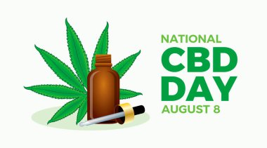Ulusal CBD Günü pankart taşıyıcı illüstrasyonu. Yeşil kenevir yaprağı vektörlü kahverengi cam bir şişede CBD yağı. Kenevir yağı şişesi ve bir ikon. Her yıl 8 Ağustos 'ta. Önemli bir gün.