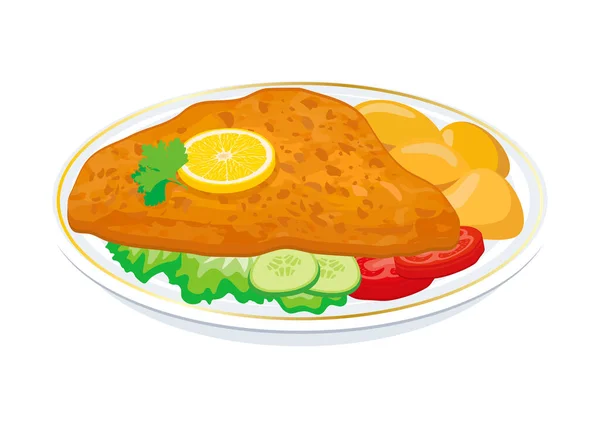 Gebratenes Steak Mit Kartoffeln Und Gemüsegarnitur Vektor Illustration Gebratenes Schnitzel — Stockvektor