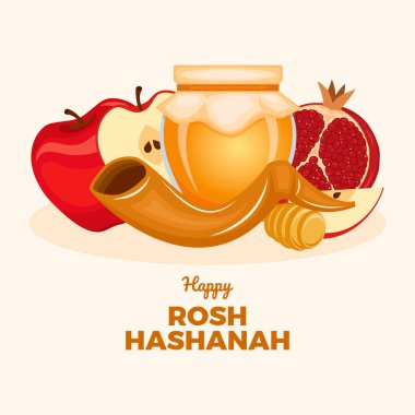 Shofar, elma ve bal vektörü resimli mutlu Rosh Hashanah posteri. Shofar boynuzu, bal kavanozu, nar ve elmalar hala yaşam vektörü. Yahudi Yeni Yıl tasarım elementi. Önemli bir gün.