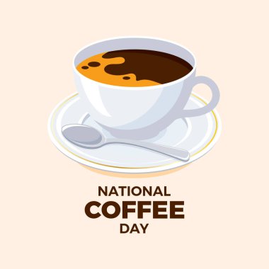 Ulusal Kahve Günü vektör illüstrasyonu. Beyaz bardakta sade kahve, çay tabağı ve kaşık vektörü. 29 Eylül. Önemli bir gün.