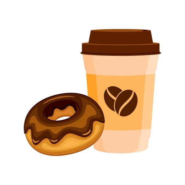 咖啡纸杯和巧克力甜甜圈病媒图解 棕色塑料咖啡杯和油炸圈饼图标向量分离在白色背景上 — 图库矢量图片
