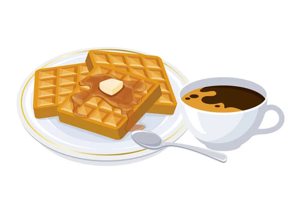 Xícara Café Waffles Com Ilustração Vetorial Xarope Bordo Café Preto — Vetor de Stock