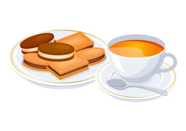 Tabak vektörü çiziminde bir fincan çay ve bisküvi. Beyaz arka planda izole edilmiş lezzetli çay keki ikonu vektörü. Farklı tipte bisküvi çizimleri. Kurabiye çizimi