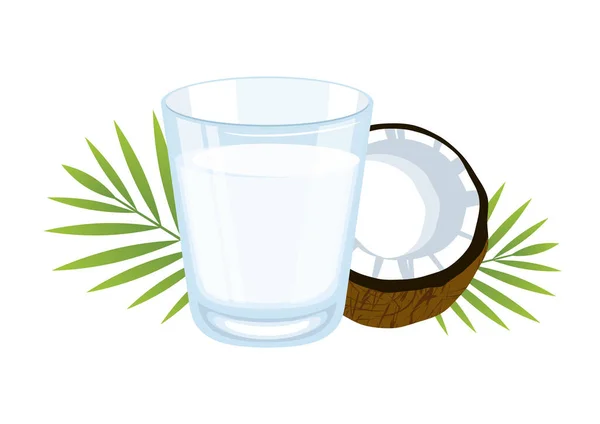 一杯椰奶图标病媒 椰子乳图标孤立在一个白色的背景 一杯椰子水和新鲜椰子的一半病媒 提取植物乳替代品 — 图库矢量图片