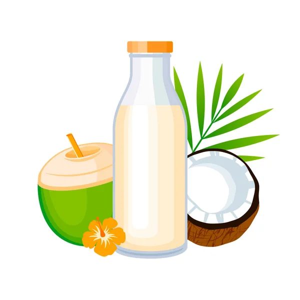 Glass Bottle Coconut Milk Vector Illustration Plant Based Milk Alternatives — Stock Vector